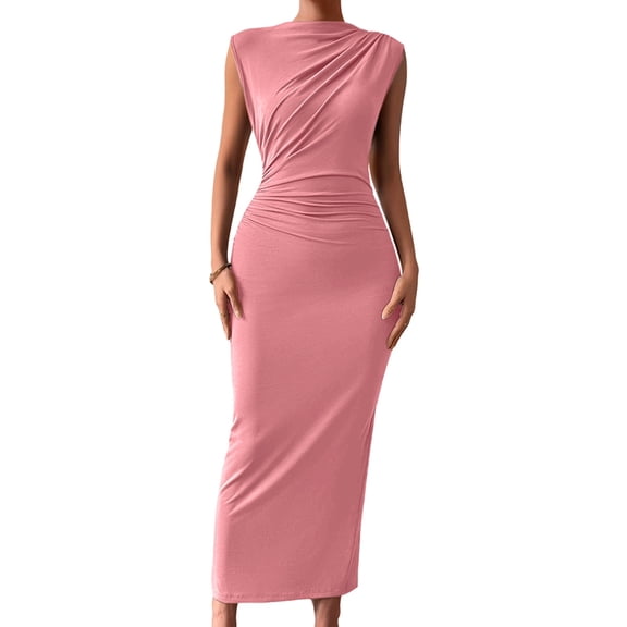Women'S Ruched Bodycon Dress Summer Casual Sleeveless Back Slit Elegant Club Evening Cocktail Maxi Dresses Pink M