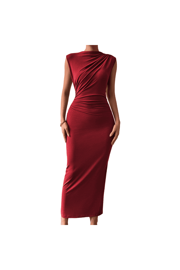 Women'S Ruched Bodycon Dress Wine Red M