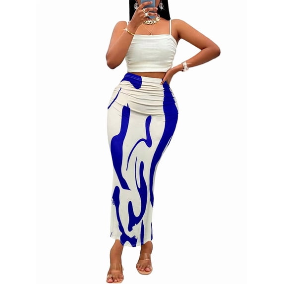 Women'S Ruched Bodycon Maxi Skirt High Waisted Fishtail Pencil Long Skirts Fall Blue L