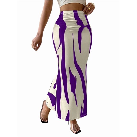 Women'S Ruched Bodycon Maxi Skirt High Waisted Fishtail Pencil Long Skirts Fall Purple M