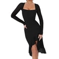 thumbnail image 1 of Women'S Ruched Bodycon Midi Dresses Elegant Mesh Long Sleeve Square Neck Ruffle Hem Cocktail Party Dress Black S, 1 of 8