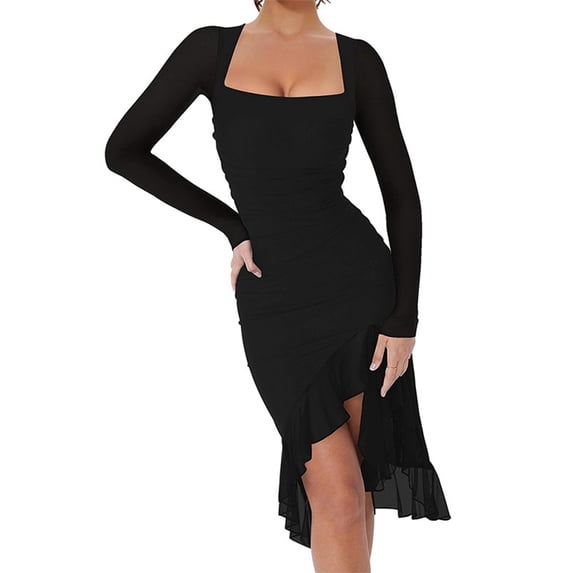Women'S Ruched Bodycon Midi Dresses Elegant Mesh Long Sleeve Square Neck Ruffle Hem Cocktail Party Dress Black S