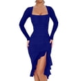 thumbnail image 1 of Women'S Ruched Bodycon Midi Dresses Elegant Mesh Long Sleeve Square Neck Ruffle Hem Cocktail Party Dress Blue L, 1 of 8