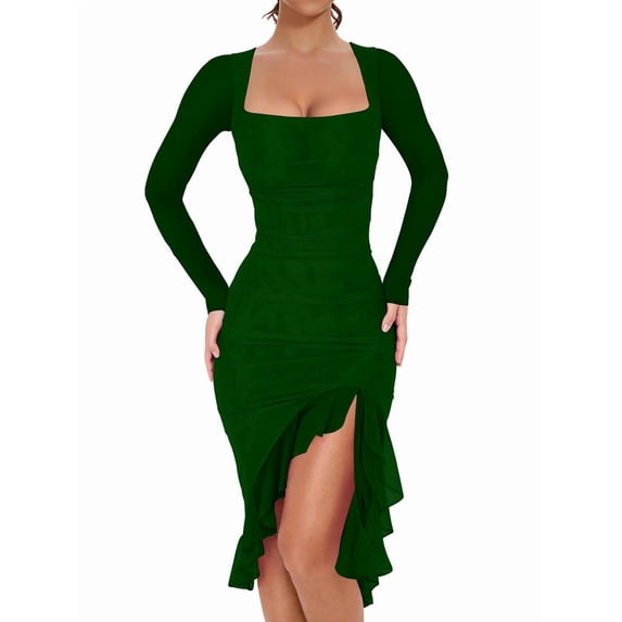 Women'S Ruched Bodycon Midi Dresses Elegant Mesh Long Sleeve Square Neck Ruffle Hem Cocktail Party Dress Dark Green L