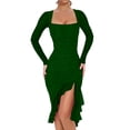 thumbnail image 1 of Women'S Ruched Bodycon Midi Dresses Elegant Mesh Long Sleeve Square Neck Ruffle Hem Cocktail Party Dress Dark Green S, 1 of 8