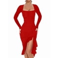 thumbnail image 1 of Women'S Ruched Bodycon Midi Dresses Elegant Mesh Long Sleeve Square Neck Ruffle Hem Cocktail Party Dress Red L, 1 of 9