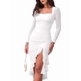 thumbnail image 1 of Women'S Ruched Bodycon Midi Dresses Elegant Mesh Long Sleeve Square Neck Ruffle Hem Cocktail Party Dress White S, 1 of 8