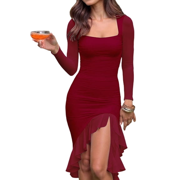 Women'S Ruched Bodycon Midi Dresses Elegant Mesh Long Sleeve Square Neck Ruffle Hem Cocktail Party Dress Wine Red M