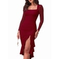 thumbnail image 1 of Women'S Ruched Bodycon Midi Dresses Elegant Mesh Long Sleeve Square Neck Ruffle Hem Cocktail Party Dress Wine Red XL, 1 of 8