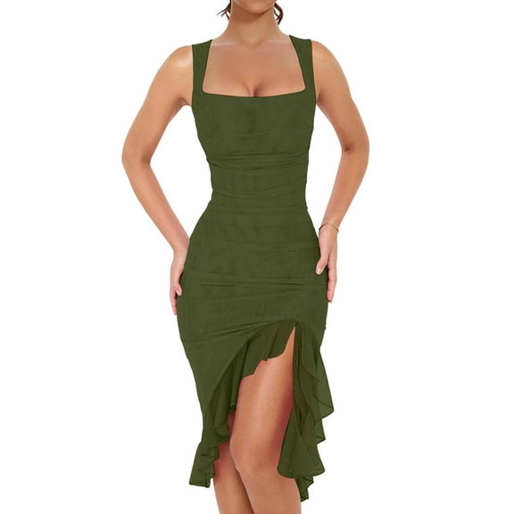 Women'S Ruched Bodycon Midi Dresses Square Neck Sleeveless Ruffle Hem Club Party Tank Dress Military Green XL