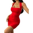 thumbnail image 1 of Women'S Ruched Bodycon Mini Dress Summer Mesh Halter Backless Cocktail Party Club Dresses Red S, 1 of 7