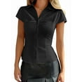 thumbnail image 1 of Women'S Ruched Button Up Blouses Collar V Neck Short Sleeve Work Shirts Black XL, 1 of 5