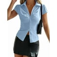 thumbnail image 1 of Women'S Ruched Button Up Blouses Collar V Neck Short Sleeve Work Shirts Blue S, 1 of 5