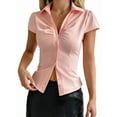 thumbnail image 1 of Women'S Ruched Button Up Blouses Collar V Neck Short Sleeve Work Shirts Light Pink M, 1 of 8