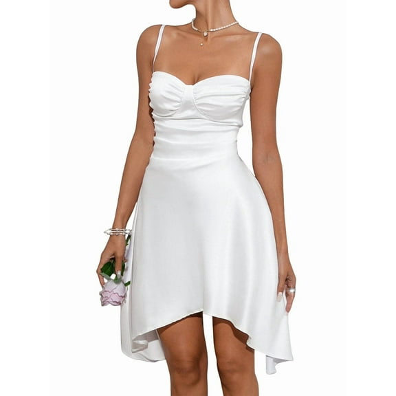 Women'S Ruched Corset Dress Spaghetti Strap Fit and Flare Flowy Mini Dress White M