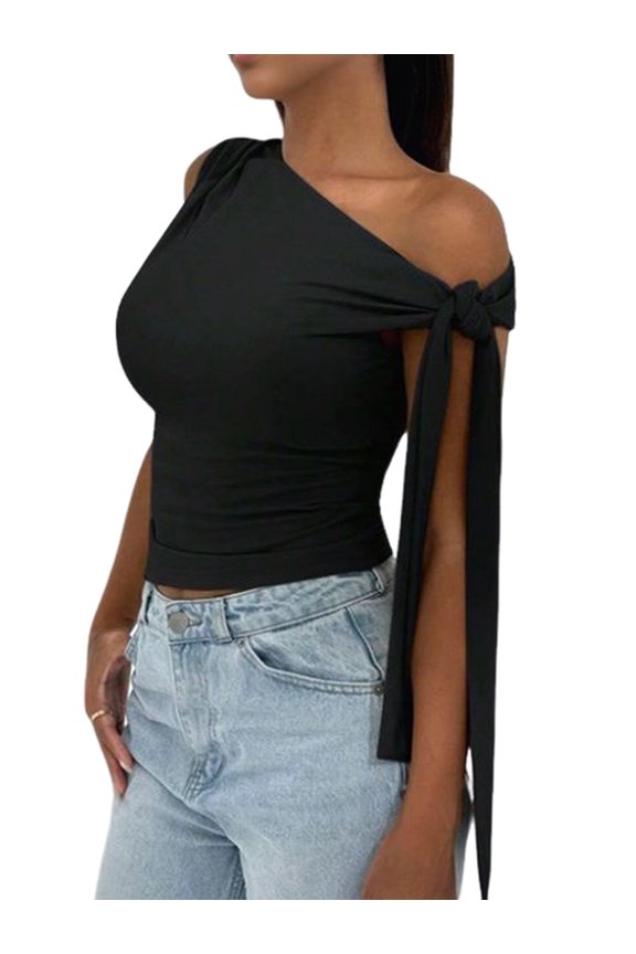 Women'S Ruched One Off the Shoulder Tank Tops Asymmetrical Neck Tie Shoulder Going Out Top Black XS