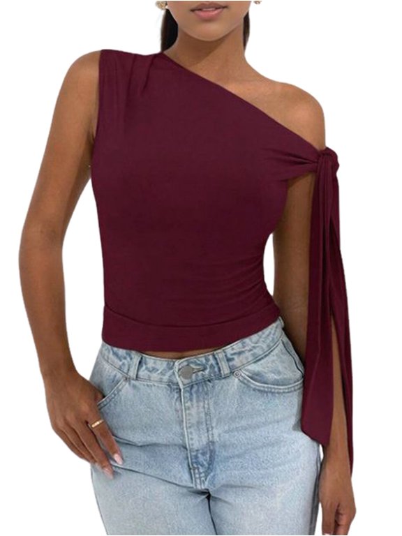 Women'S Ruched One Off the Shoulder Tank Tops Asymmetrical Neck Tie Shoulder Going Out Top Wine Red S