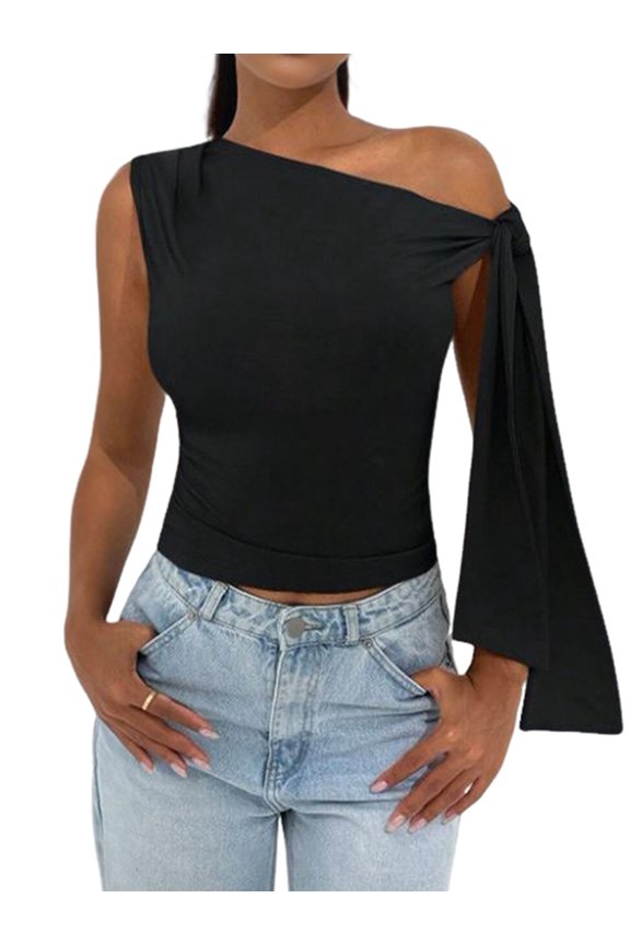 Women'S Ruched One Off the Shoulder Tank Tops Asymmetrical Neck Tie Shoulder Going Out Top