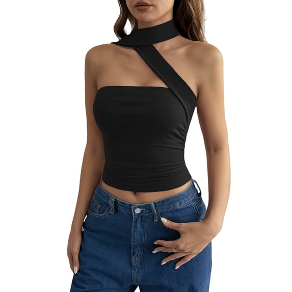 Women'S Ruched Strapless Halter Tube Top Open Back Slim Fit Bandeau Shirts Black S