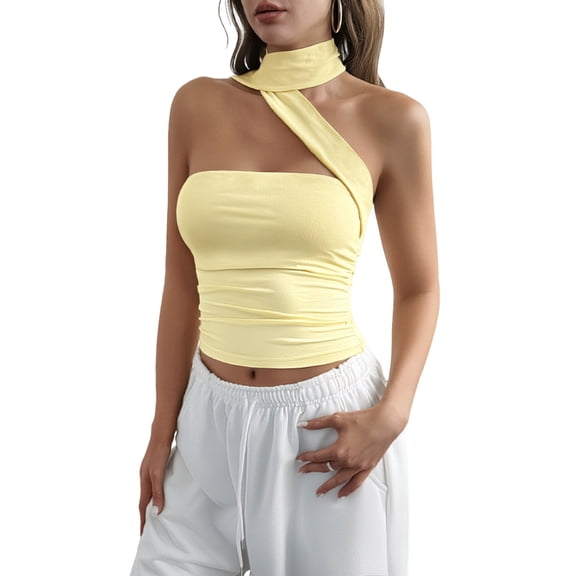 Women'S Ruched Strapless Halter Tube Top Open Back Slim Fit Bandeau Shirts Yellow XL