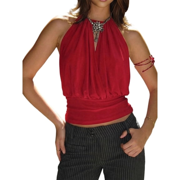 Women'S Ruched Tank Top Sleeveless Slim Fit Going Out Tops Red L