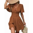 thumbnail image 1 of Women'S Ruched V Neck High Waist Casual Short Sleeve A-Line Dress Caramel Color M, 1 of 9