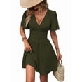 thumbnail image 1 of Women'S Ruched V Neck High Waist Casual Short Sleeve A-Line Dress Green S, 1 of 9
