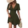 thumbnail image 1 of Women'S Ruched V Neck High Waist Casual Short Sleeve A-Line Dress Green S, 1 of 9