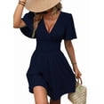 thumbnail image 1 of Women'S Ruched V Neck High Waist Casual Short Sleeve A-Line Dress Navy Blue XXL, 1 of 9