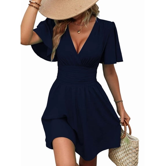 Women'S Ruched V Neck High Waist Casual Short Sleeve A-Line Dress Navy Blue XXL