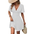 thumbnail image 1 of Women'S Ruched V Neck High Waist Casual Short Sleeve A-Line Dress White XXL, 1 of 9