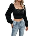 thumbnail image 1 of Women'S Ruched Wrap Square Neck Flounce Long Sleeve Crop Top Blouse Black M, 1 of 9