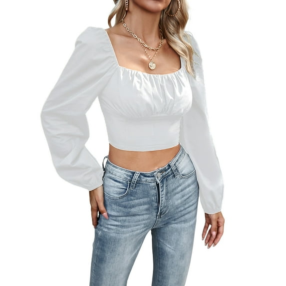 Women'S Ruched Wrap Square Neck Flounce Long Sleeve Crop Top Blouse White S