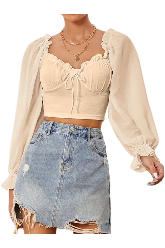 Women'S Ruched Wrap Square Neck Flounce Long Sleeve Self Tie Crop Top Blouse Color M