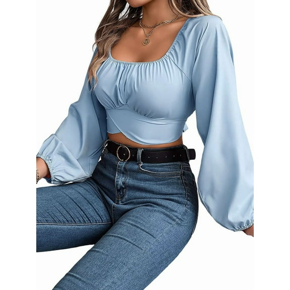 Women'S Ruched Wrap Square Neck Flounce Long Sleeve Self Tie Crop Top Blouse Light Blue L