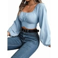 thumbnail image 1 of Women'S Ruched Wrap Square Neck Flounce Long Sleeve Self Tie Crop Top Blouse Light Blue XL, 1 of 8