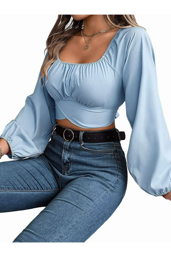 Women'S Ruched Wrap Square Neck Flounce Long Sleeve Self Tie Crop Top Blouse Light Blue XL