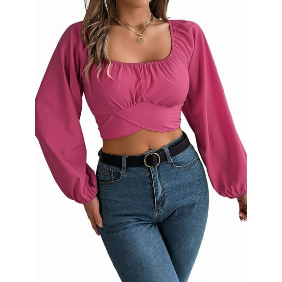 Women'S Ruched Wrap Square Neck Flounce Long Sleeve Self Tie Crop Top Blouse Rose Red S
