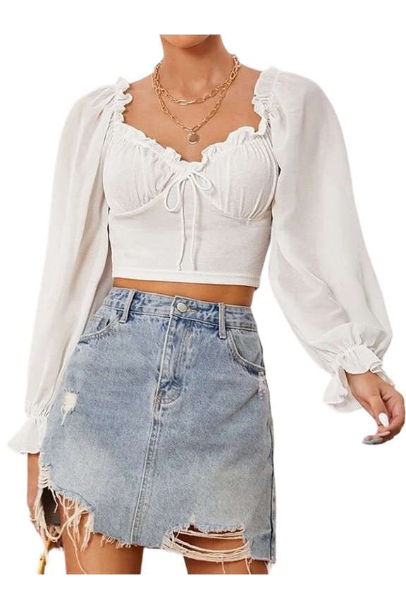 Women'S Ruched Wrap Square Neck Flounce Long Sleeve Self Tie Crop Top Blouse White M