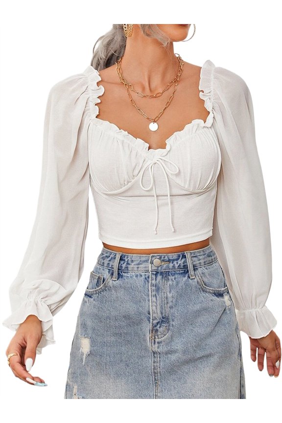 Women'S Ruched Wrap Square Neck Flounce Long Sleeve Self Tie Crop Top Blouse White S