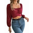 thumbnail image 1 of Women'S Ruched Wrap Square Neck Flounce Long Sleeve Self Tie Crop Top Blouse Wine Red XL, 1 of 8