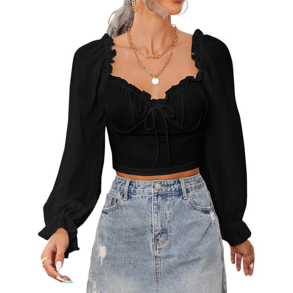 Women'S Ruched Wrap Square Neck Flounce Long Sleeve Self Tie Crop Top Blouse