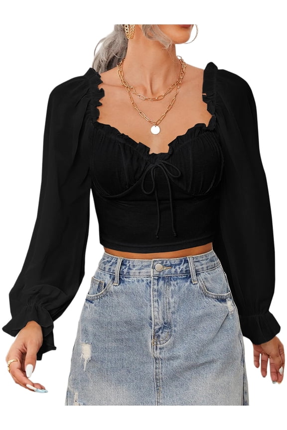 Women'S Ruched Wrap Square Neck Flounce Long Sleeve Self Tie Crop Top Blouse