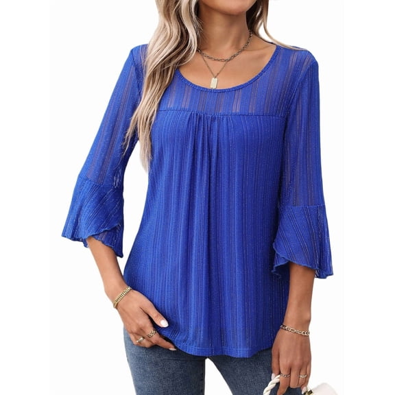 Women'S Ruffle 3/4 Sleeve Elegant Dressy Blouses Crew Neck Double Layers Mesh Tunic Tops Blue L