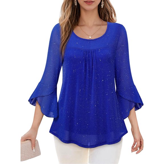 Women'S Ruffle 3/4 Sleeve Elegant Dressy Blouses Crew Neck Double Layers Mesh Tunic Tops Blue M