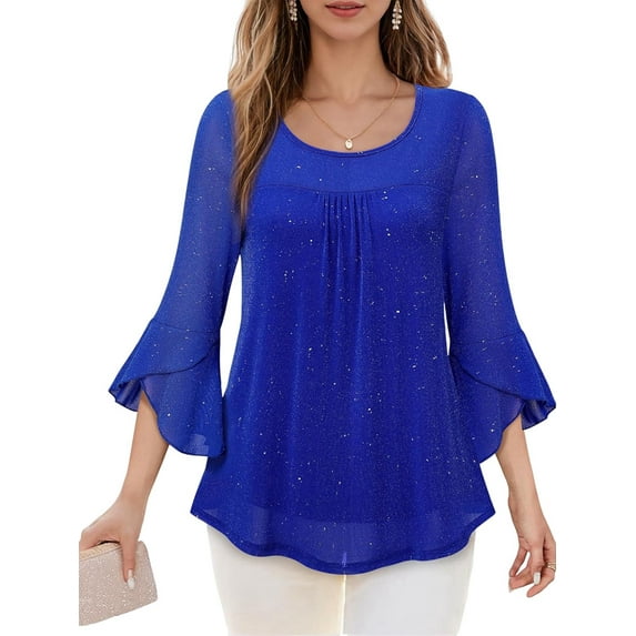 Women'S Ruffle 3/4 Sleeve Elegant Dressy Blouses Crew Neck Double Layers Mesh Tunic Tops Blue XL