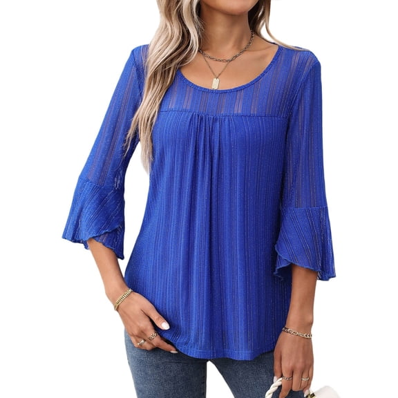 Women'S Ruffle 3/4 Sleeve Elegant Dressy Blouses Crew Neck Double Layers Mesh Tunic Tops Blue XL