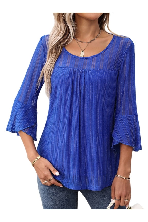 Women'S Ruffle 3/4 Sleeve Elegant Dressy Blouses Crew Neck Double Layers Mesh Tunic Tops Blue XL