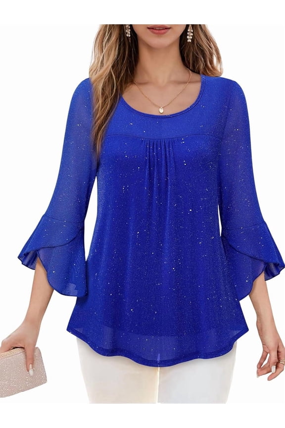 Women'S Ruffle 3/4 Sleeve Elegant Dressy Blouses Crew Neck Double Layers Mesh Tunic Tops Blue XXL