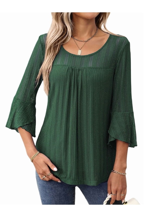 Women'S Ruffle 3/4 Sleeve Elegant Dressy Blouses Crew Neck Double Layers Mesh Tunic Tops Dark Green M